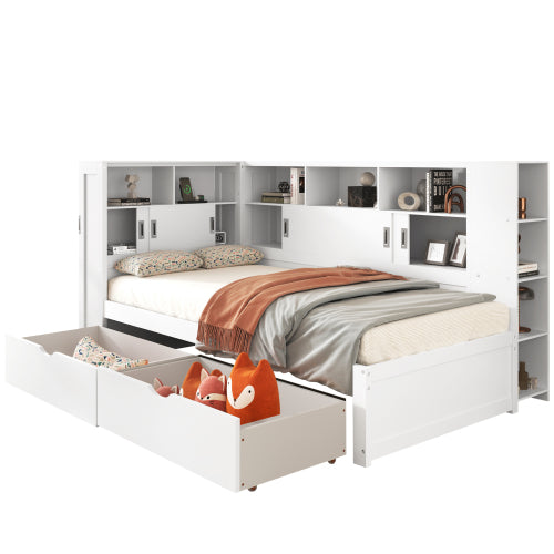 Single Platform Bed with Trundle, Storage & USB – White Wooden Bed with Bookcase (90x190cm)