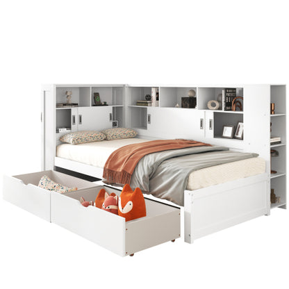 Single Platform Bed with Trundle, Storage & USB – White Wooden Bed with Bookcase (90x190cm)
