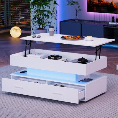 White Hydraulic LED Lift Top Coffee Table