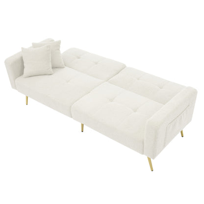 2 Seater Sherpa Sofa Bed with Adjustable Backrest &amp; Gold Legs – Convertible Sleeper Sofa with Storage Pockets