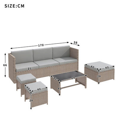 4–6 Seater Rattan Garden Lounge Set – Outdoor Patio Sofa Set with Table & Cushions (Khaki)