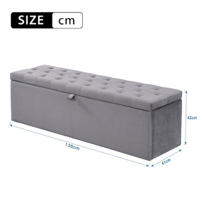 Velvet Storage Bench – Grey Upholstered Ottoman with Hidden Storage (135cm)