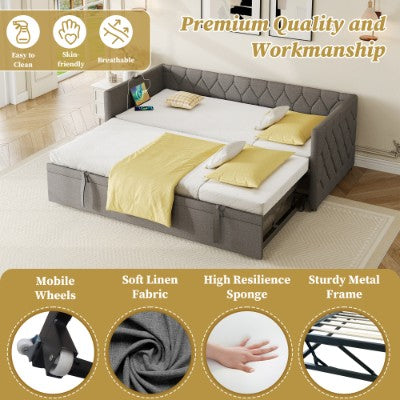 Upholstered Daybed with Trundle & Charging Station – 3ft Single Sofa Bed with USB & Type-C