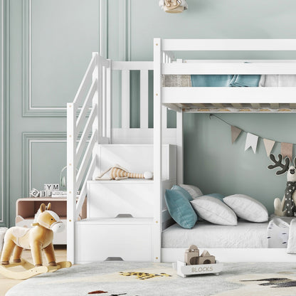 White Wooden Bunk Bed with Storage Stairs & Slide – 90 x 190cm Children’s Bed Frame