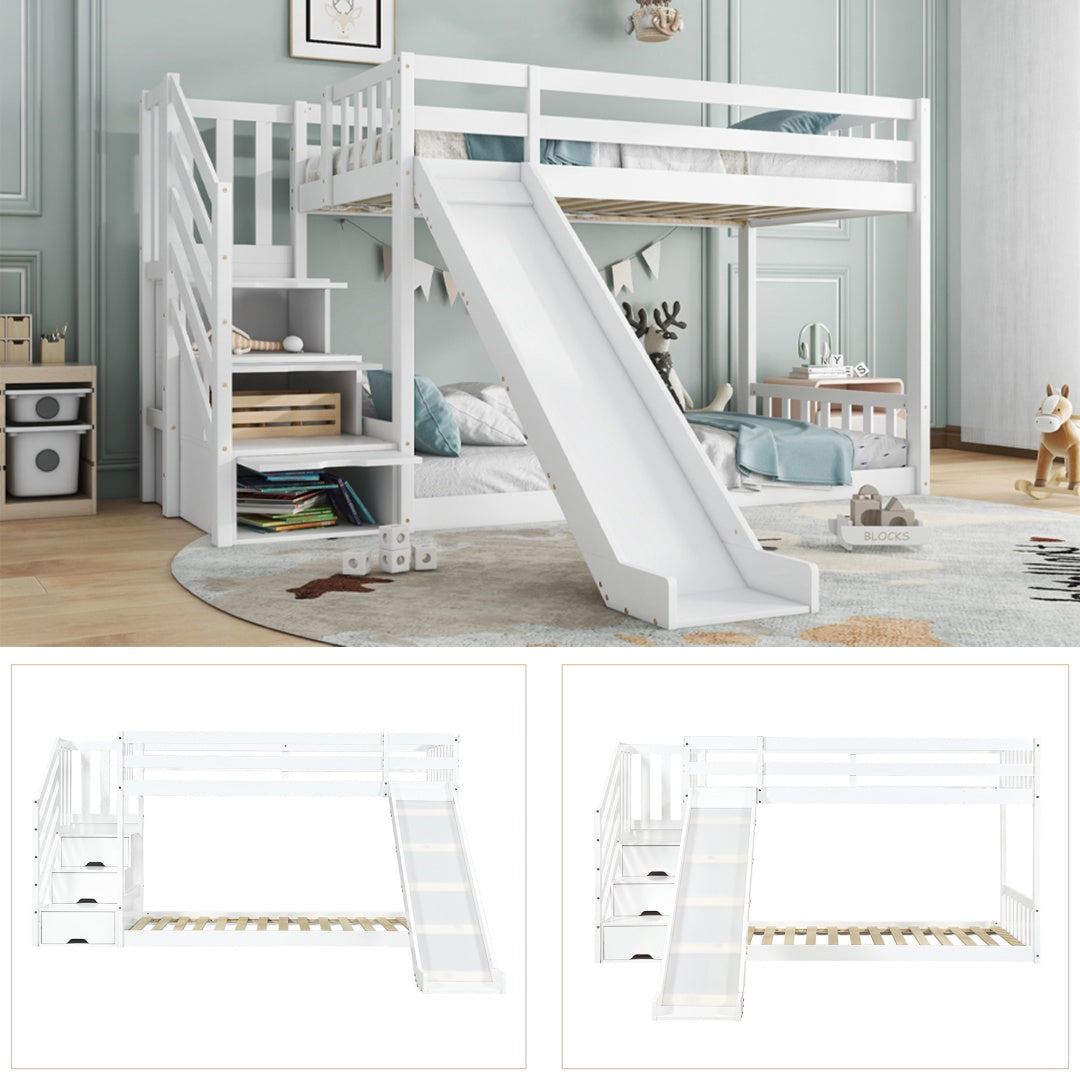 White Wooden Bunk Bed with Storage Stairs & Slide – 90 x 190cm Children’s Bed Frame