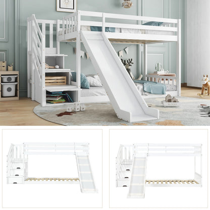 White Wooden Bunk Bed with Storage Stairs & Slide – 90 x 190cm Children’s Bed Frame