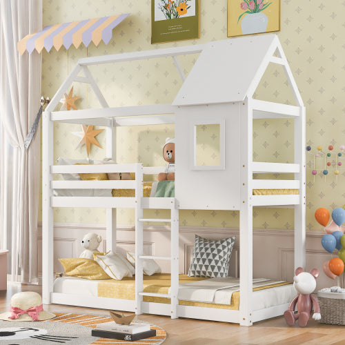 White Wooden Bunk Bed for Kids – 3FT Single Cabin Bed with Ladder & Treehouse Design