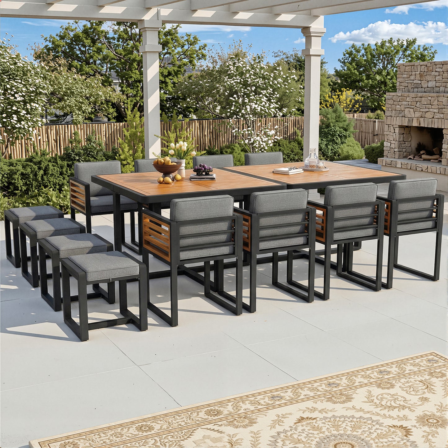 12-Seater Garden Lounge Dining Set – Solid Acacia Wood Outdoor Furniture Set (Table, Chairs & Stools)