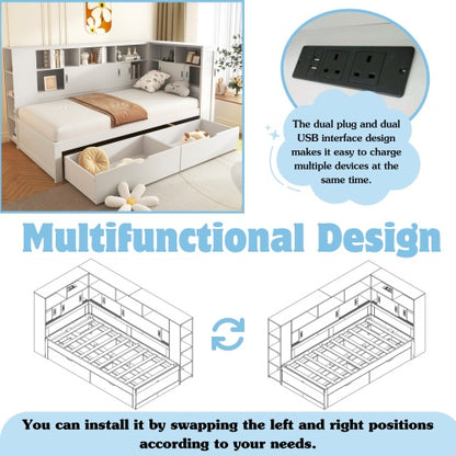 Single Platform Bed with Trundle, Storage & USB – White Wooden Bed with Bookcase (90x190cm)