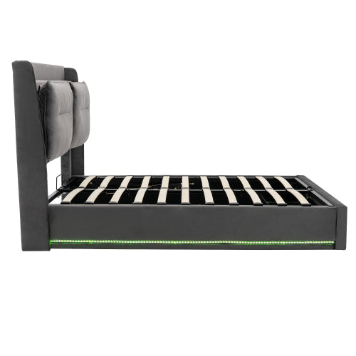 Dark Grey Velvet Upholstered Double Bed with Storage, LED Lights & Drawers – 4ft6 (135x190cm)