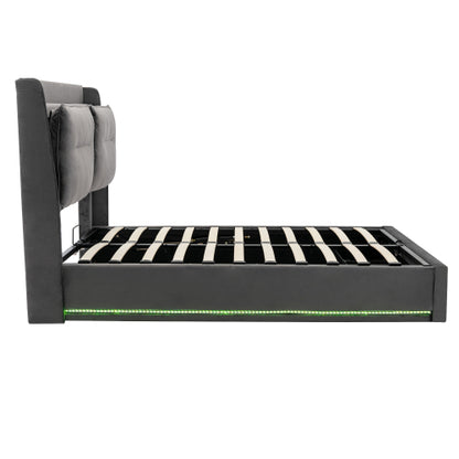 Dark Grey Velvet Upholstered Double Bed with Storage, LED Lights & Drawers – 4ft6 (135x190cm)
