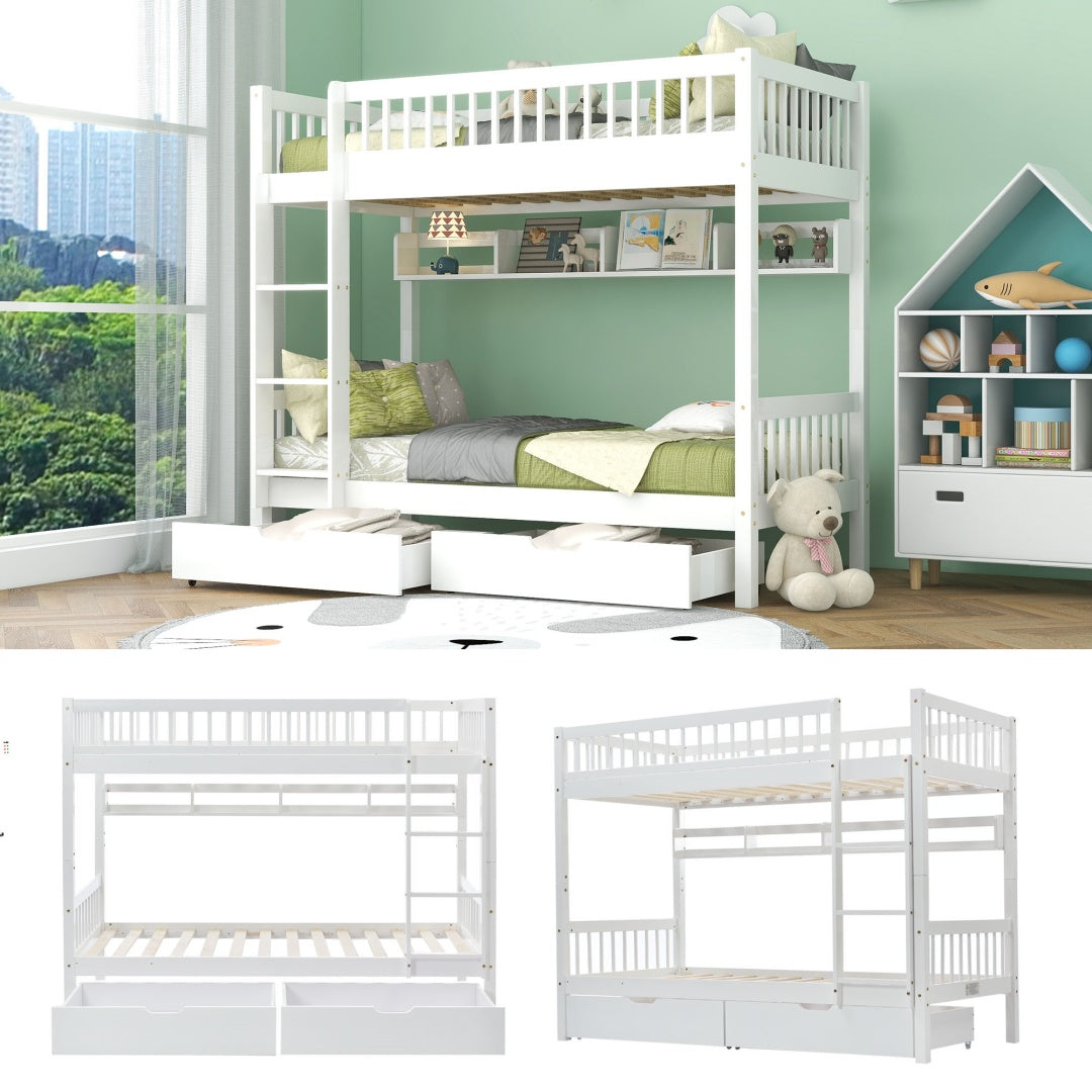 White Wooden Bunk Bed with Storage Drawer & Shelf – 3FT Single Solid Pine Frame (90x190cm)