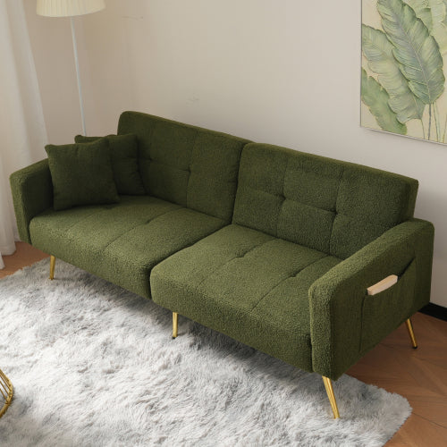 2 Seater Sherpa Sofa Bed with Adjustable Backrest &amp; Gold Legs – Convertible Sleeper Sofa with Storage Pockets
