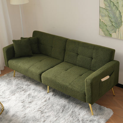 2 Seater Sherpa Sofa Bed with Adjustable Backrest &amp; Gold Legs – Convertible Sleeper Sofa with Storage Pockets