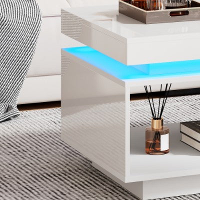 White High Gloss LED Coffee Table with Drawer & Storage Shelf – Modern Centre Table (100cm)
