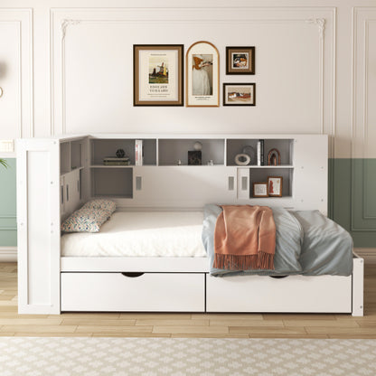 Single Platform Bed with Trundle, Storage & USB – White Wooden Bed with Bookcase (90x190cm)