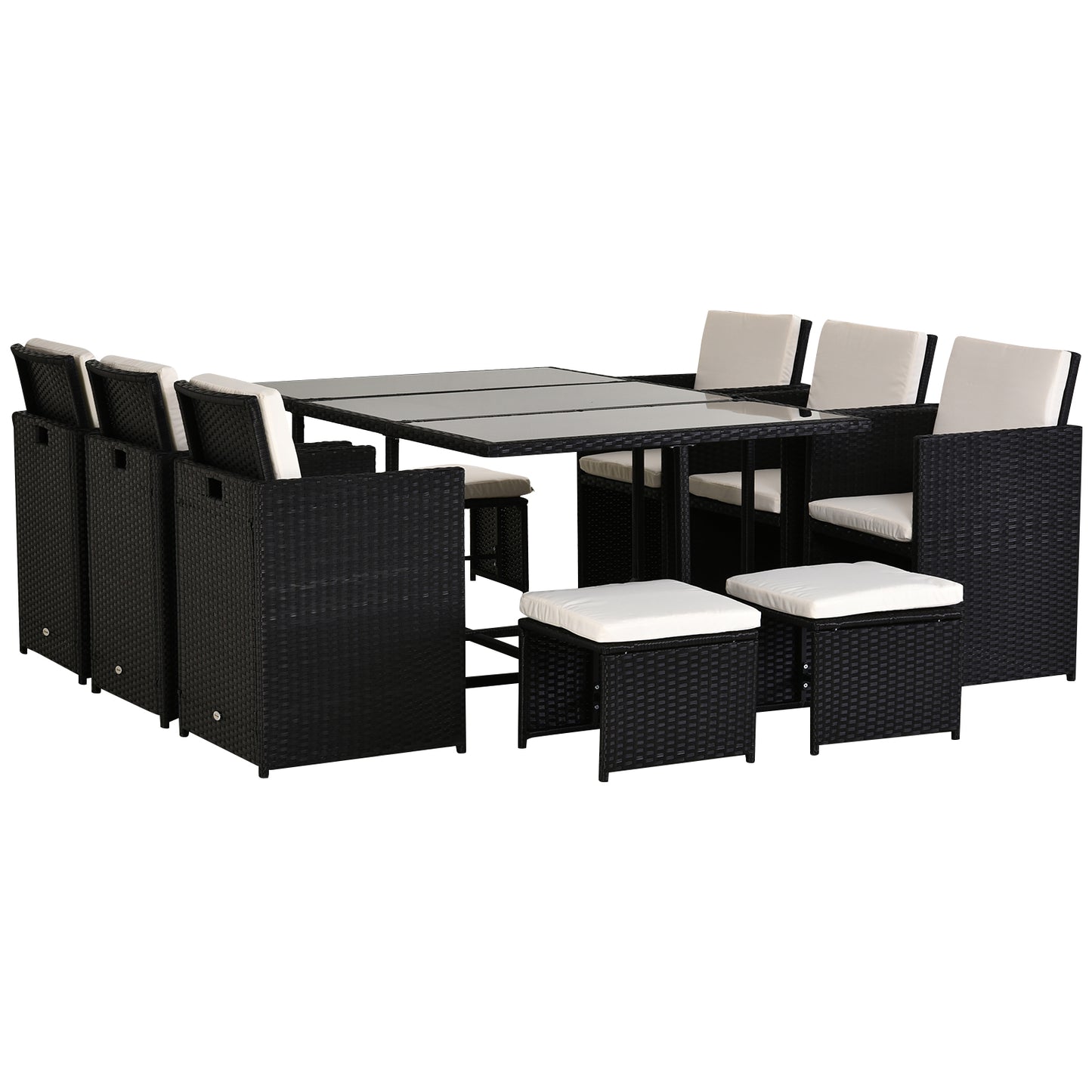 Black Rattan Cube Dining Set with 6 Chairs & 4 Footstools – Garden Furniture Set with Glass Table