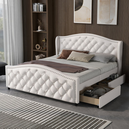 White Upholstered Double Bed with Drawers – Chesterfield Style PU Leather Bed Frame (135 x 190cm)