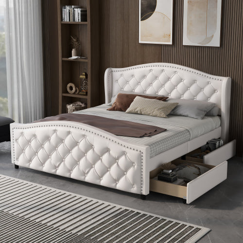 White Upholstered Double Bed with Drawers – Chesterfield Style PU Leather Bed Frame (135 x 190cm)