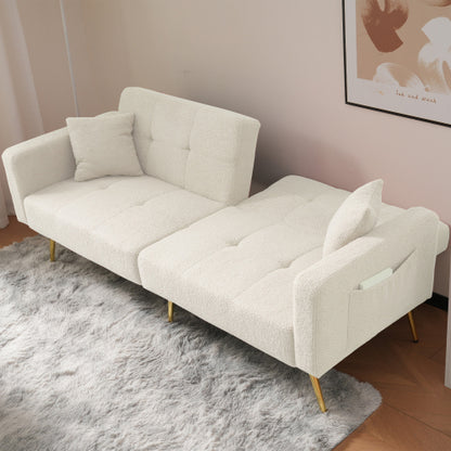 2 Seater Sherpa Sofa Bed with Adjustable Backrest &amp; Gold Legs – Convertible Sleeper Sofa with Storage Pockets