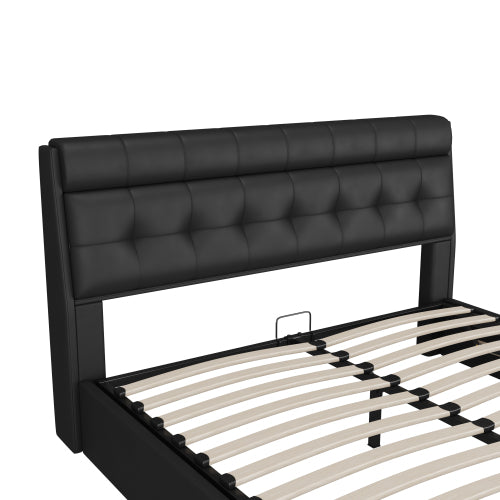 Double Upholstered Ottoman Bed 135 x 190 cm – Hydraulic Storage Bed with Hidden Headboard Storage (Black/Cream White)