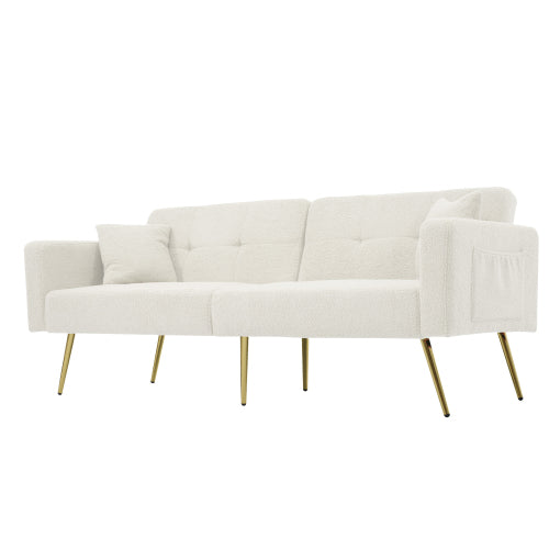 2 Seater Sherpa Sofa Bed with Adjustable Backrest &amp; Gold Legs – Convertible Sleeper Sofa with Storage Pockets
