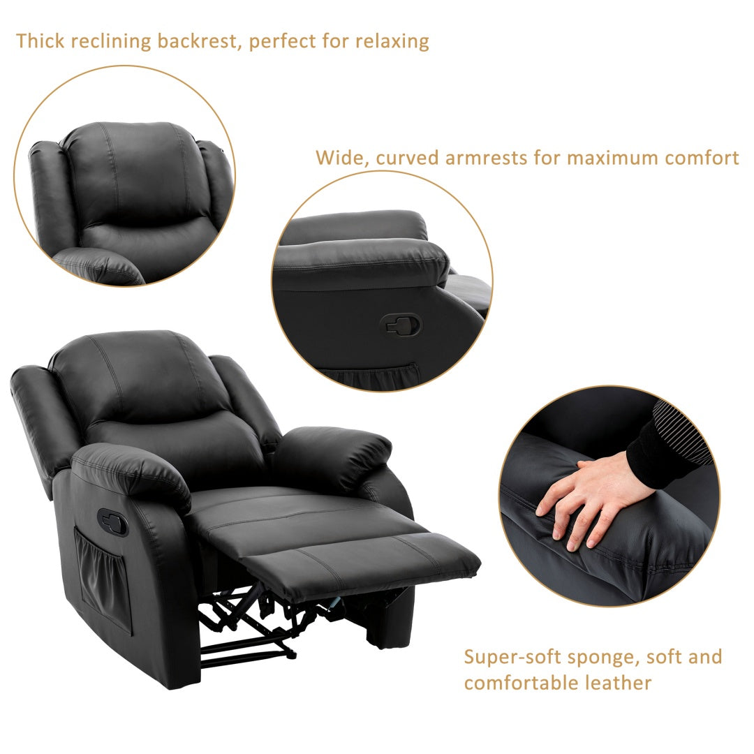 Black PU Leather Recliner Chair – Adjustable Armchair with Footrest & Side Pocket
