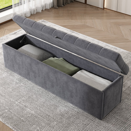 Velvet Storage Bench – Grey Upholstered Ottoman with Hidden Storage (135cm)