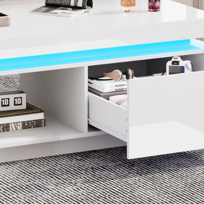 White High Gloss LED Coffee Table with Drawer & Storage Shelf – Modern Centre Table (100cm)