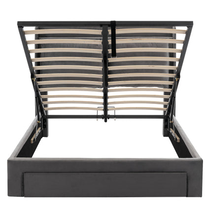 Dark Grey Velvet Upholstered Double Bed with Storage, LED Lights & Drawers – 4ft6 (135x190cm)