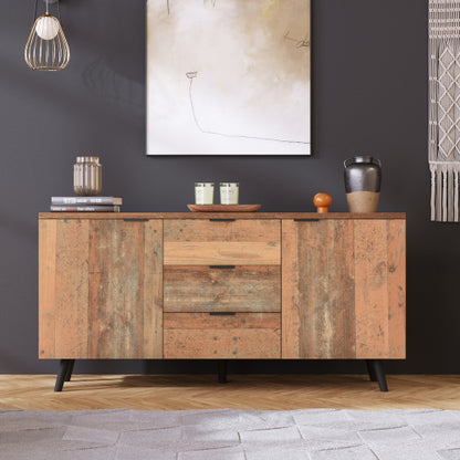 Vintage Brown Sideboard Cabinet – 140cm Storage Cupboard with Drawers & Adjustable Shelves