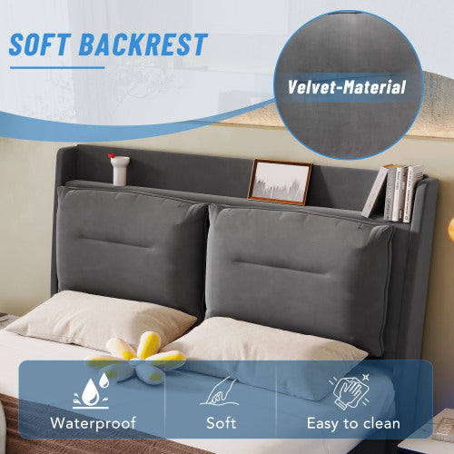 Dark Grey Velvet Upholstered Double Bed with Storage, LED Lights & Drawers – 4ft6 (135x190cm)