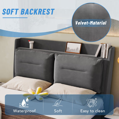 Dark Grey Velvet Upholstered Double Bed with Storage, LED Lights & Drawers – 4ft6 (135x190cm)