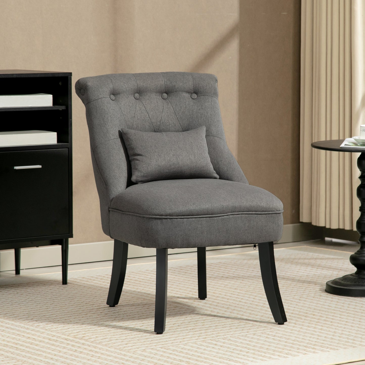 Retro Charcoal Grey Accent Chair with Wooden Legs & Button Tufting – Linen Fabric Armchair
