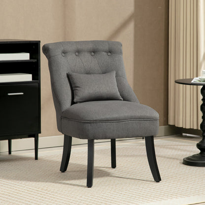 Retro Charcoal Grey Accent Chair with Wooden Legs & Button Tufting – Linen Fabric Armchair