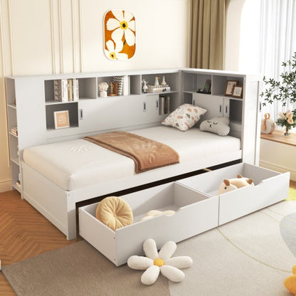 Single Platform Bed with Trundle, Storage & USB – White Wooden Bed with Bookcase (90x190cm)
