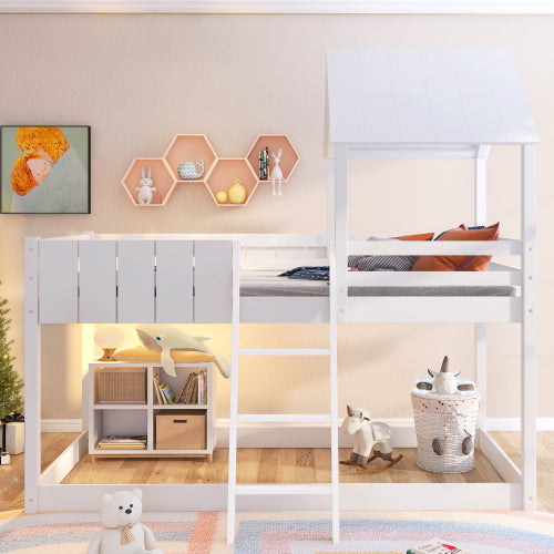 Kids Wooden Mid Sleeper Treehouse Bed – 3FT Single Loft Bed with Ladder & Guard Rail (White 90x190cm)
