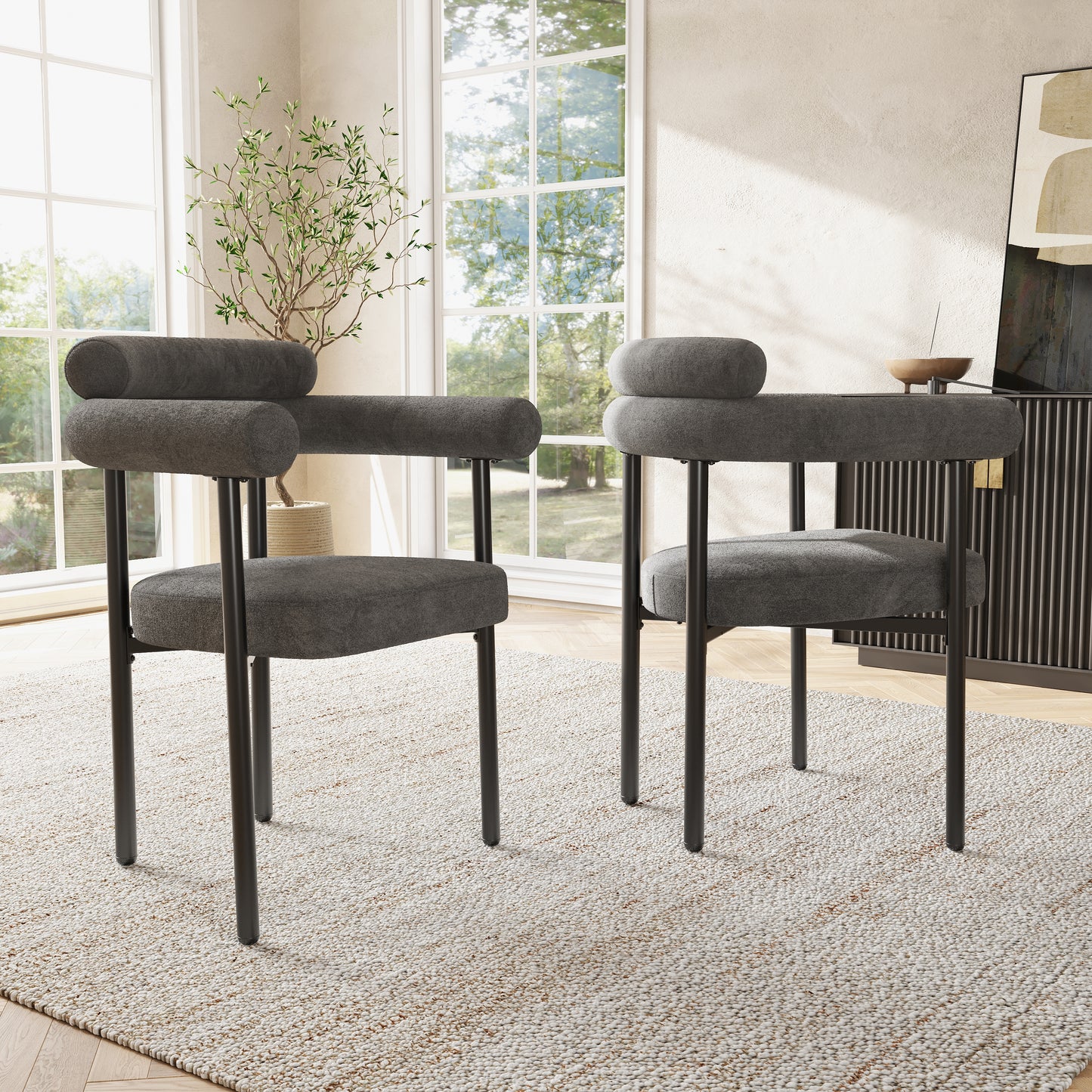 Modern Grey Velvet Dining Chairs Set of 2 with Armrests – Upholstered Kitchen & Living Room Chairs