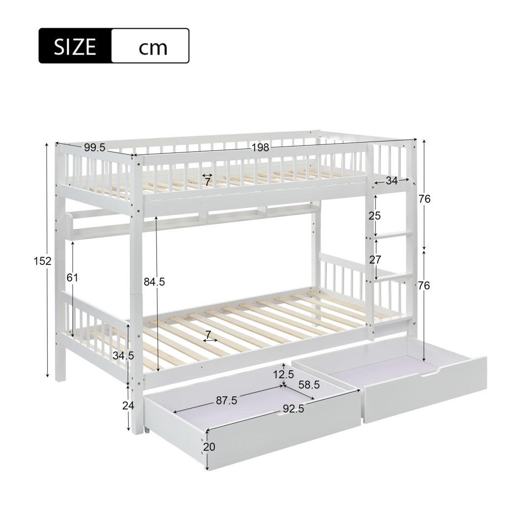 White Wooden Bunk Bed with Storage Drawer & Shelf – 3FT Single Solid Pine Frame (90x190cm)