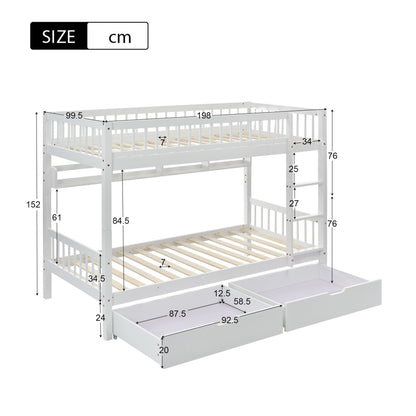 White Wooden Bunk Bed with Storage Drawer & Shelf – 3FT Single Solid Pine Frame (90x190cm)