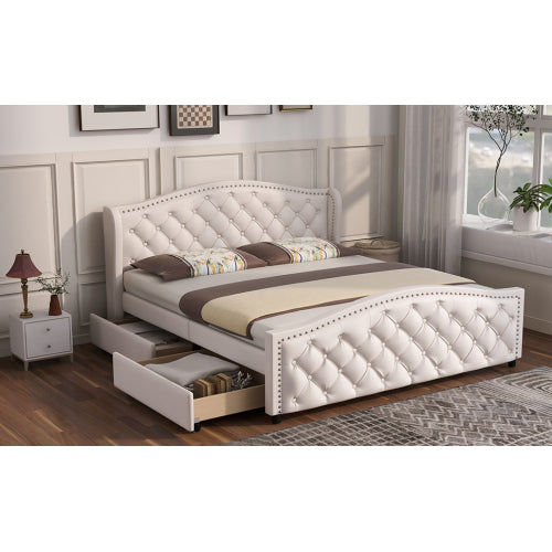 White Upholstered Double Bed with Drawers – Chesterfield Style PU Leather Bed Frame (135 x 190cm)