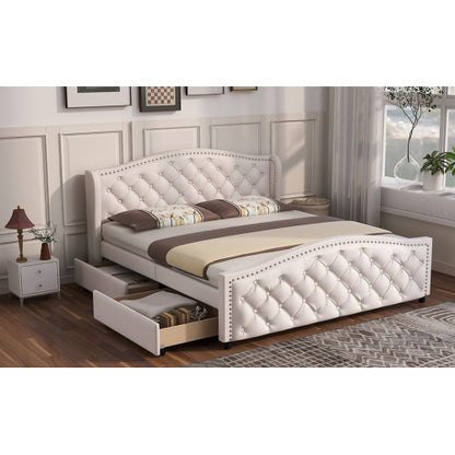 White Upholstered Double Bed with Drawers – Chesterfield Style PU Leather Bed Frame (135 x 190cm)