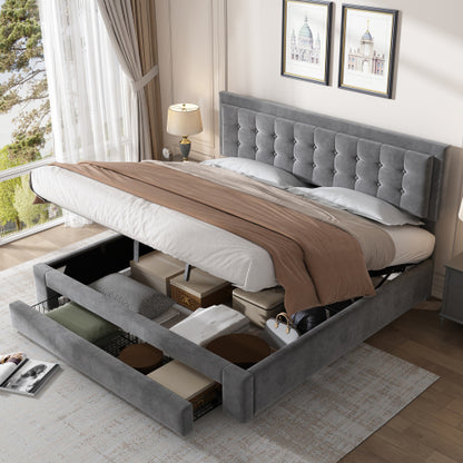 Gray upholstered bed with storage drawers in a bedroom setting